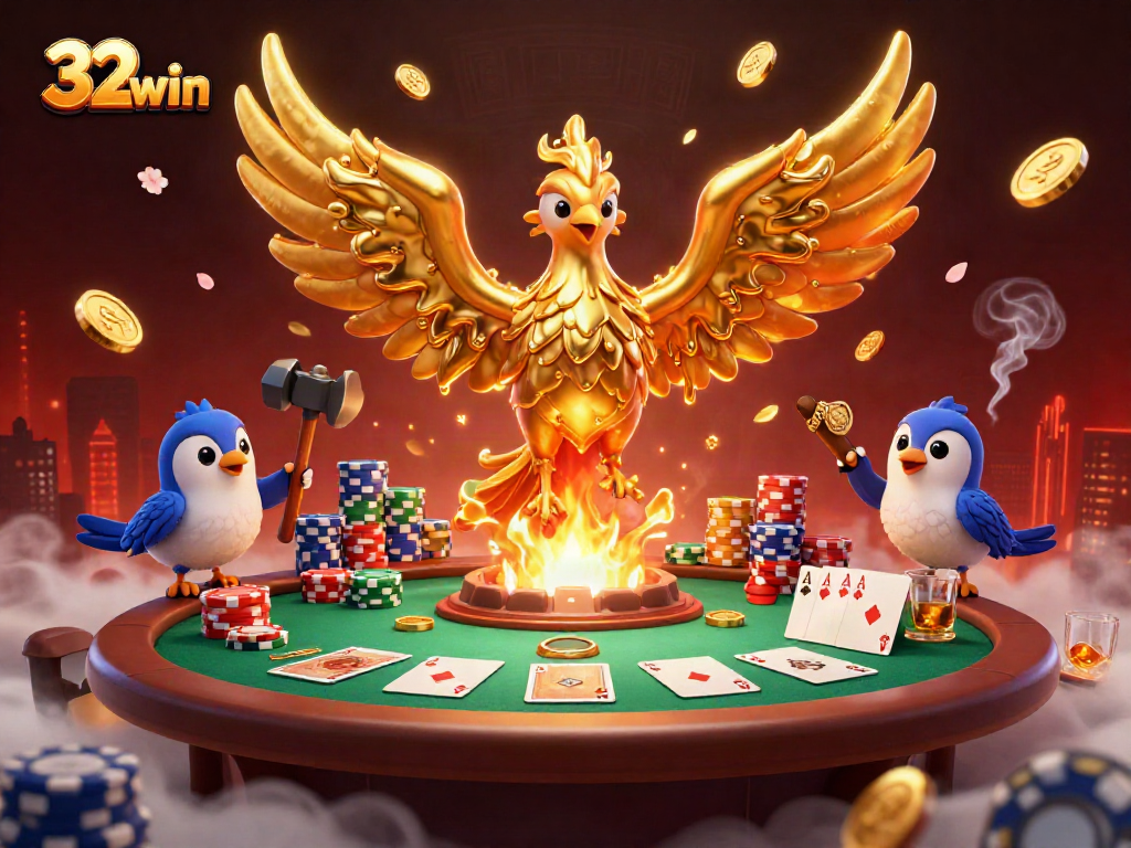 Experience the thrill of 32win with a golden phoenix and a dynamic poker scene.