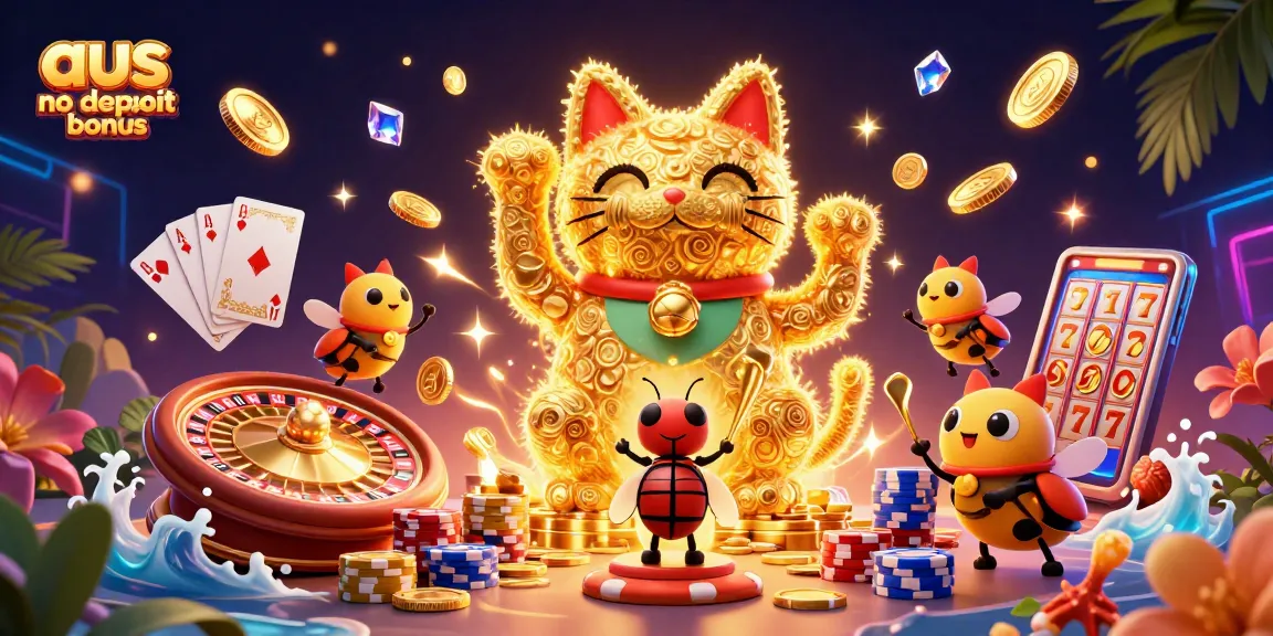 Experience the thrill of aus no deposit bonus with vibrant casino elements in this lively 3D scene.