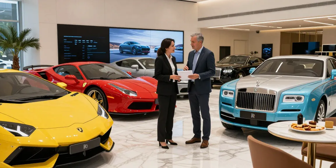 Pengalaman menyewa LUXURY 777 di showroom mobil mewah Dubai, dengan konsultan dan klien berdiskusi.