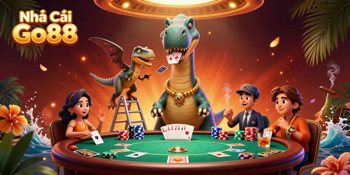 Engage with Nhà Cái Go88 featuring a giant brontosaurus and clever raptor playing cards in a vibrant casino.