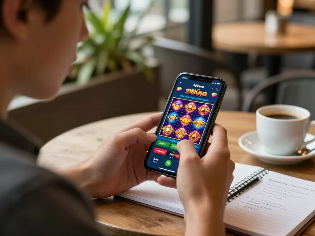 Player enjoying 918Kaya PNG on smartphone while seated at café table, emphasizing casual mobile gaming.