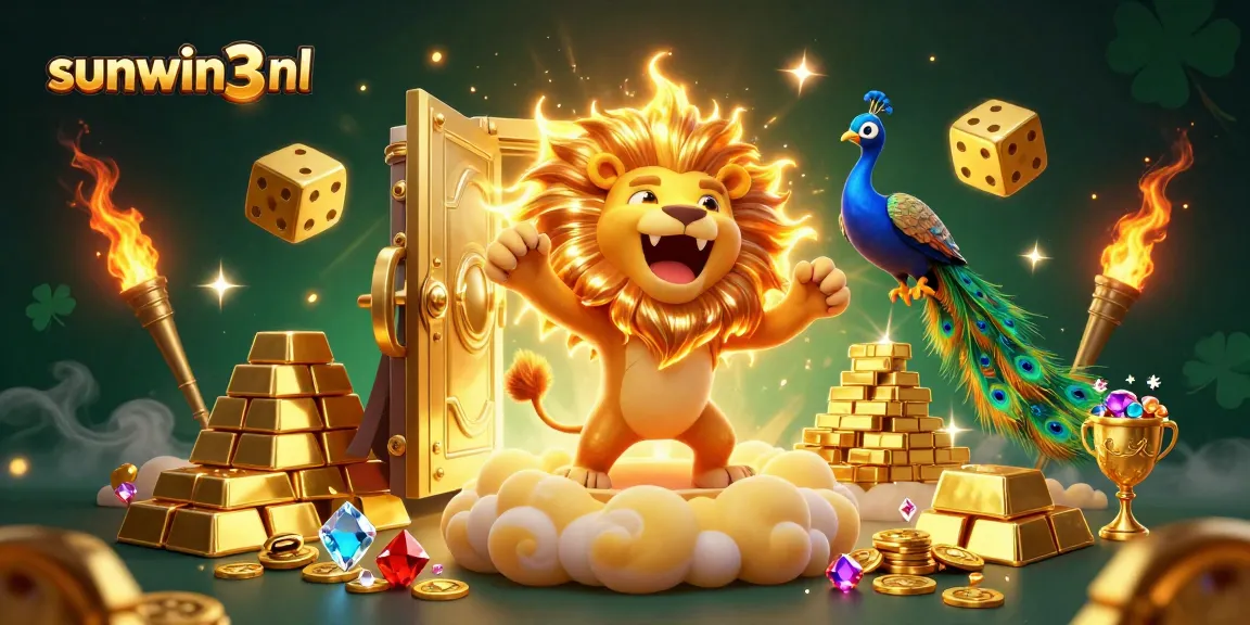 Experience the excitement of sunwin3 nl as the vibrant sun lion roars, flanked by golden dice and treasures.