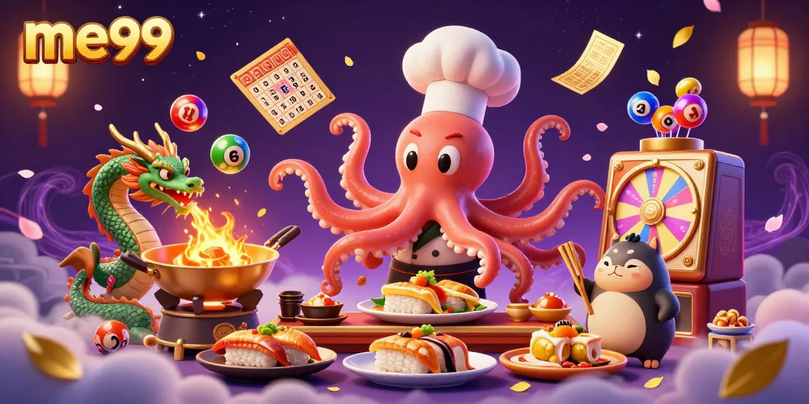 Experience thrilling wins at me99 with the octopus chef, dragon, and tanuki amidst vibrant casino gaming elements.