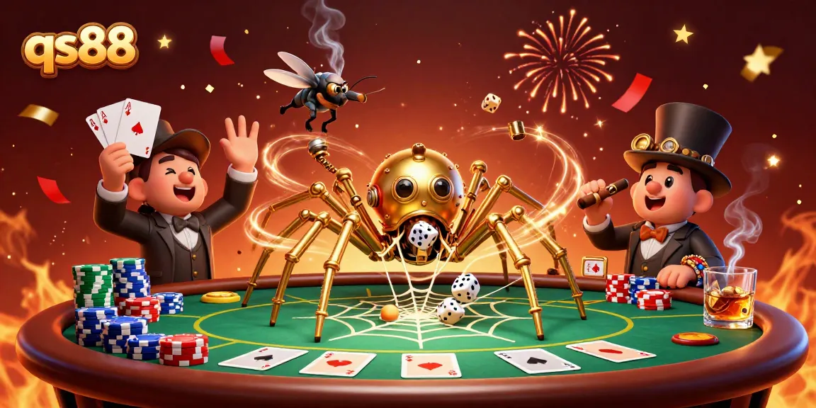 Join the thrilling action of qs88 as a steampunk spider captures unlucky dice amidst a poker showdown.
