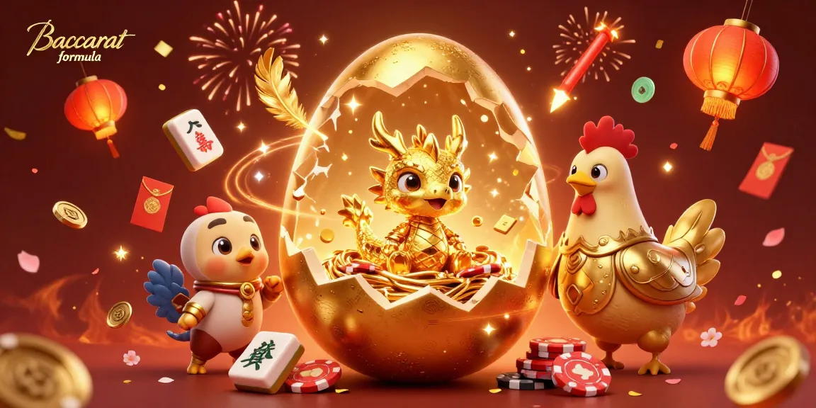 Play engaging games with our Baccarat formula showcasing a golden dragon and poker chips amidst festive elements.
