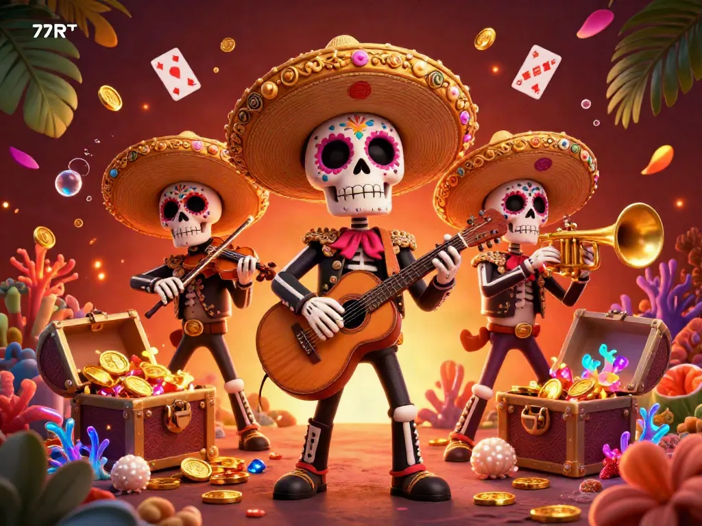 Experience thrilling gameplay with 77RT's vibrant mariachi skeleton band surrounded by rich casino elements.