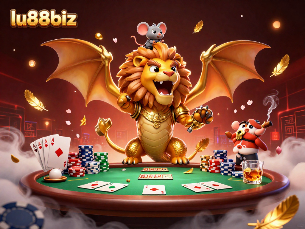 Engage with thrilling poker action at lu88biz featuring a whimsical chimera and vibrant casino elements.