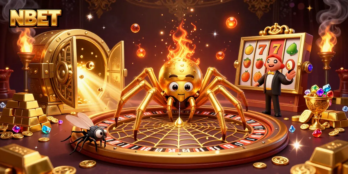 Experience the thrilling world of NBET with a golden spider, roulette-inspired web, and dynamic slot game elements.