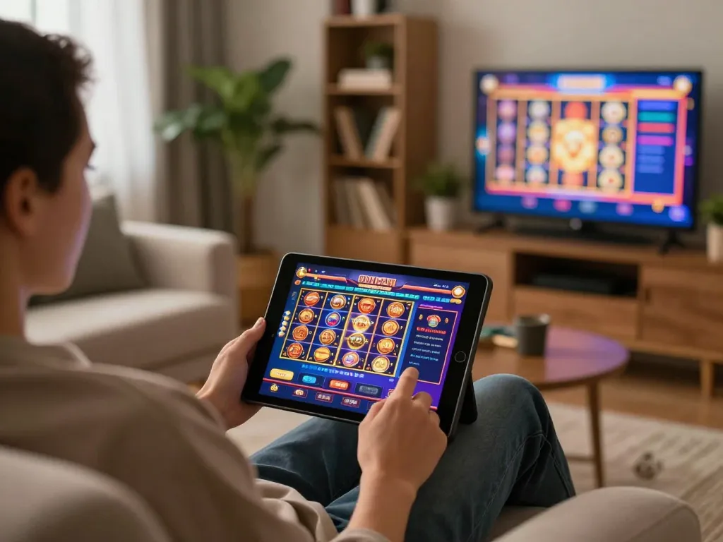 Participer à des retraits de casino sans vérification chez soi en utilisant une tablette pour les jeux en ligne, mettant en avant une atmosphère dynamique.