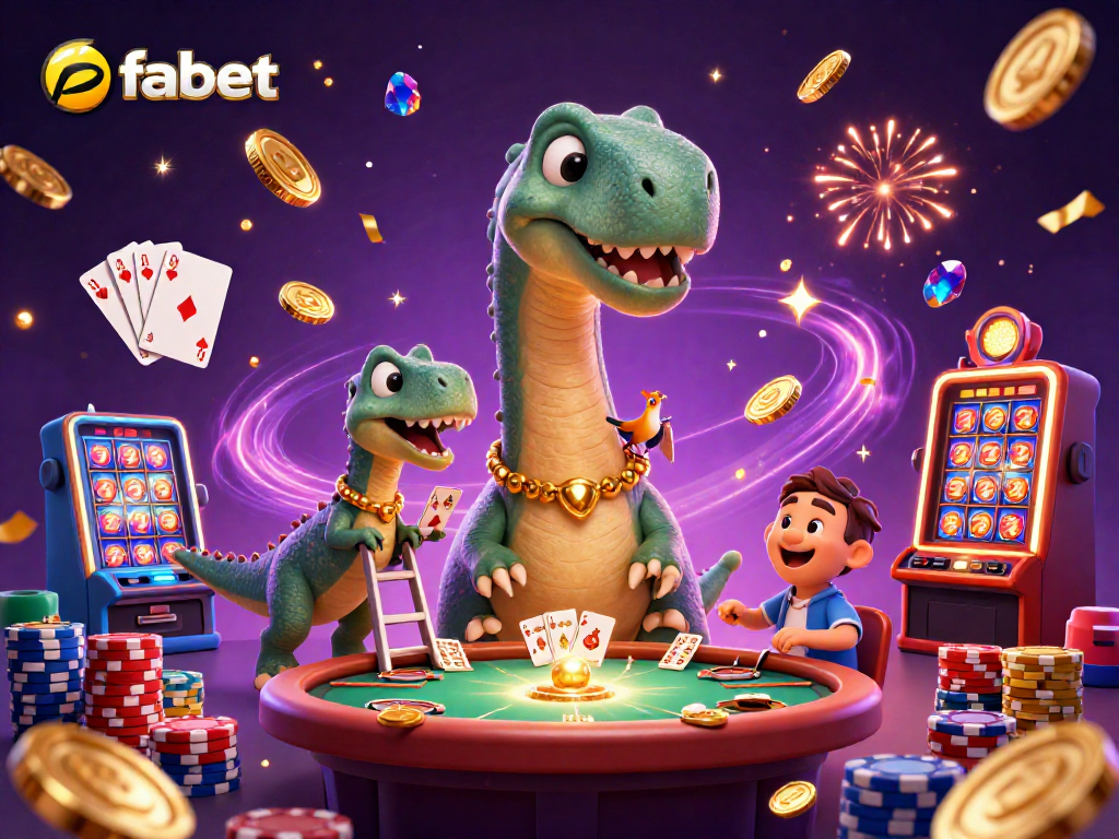 fabet engages players with a lively scene featuring a vibrant dinosaur dealing cards in a dazzling casino