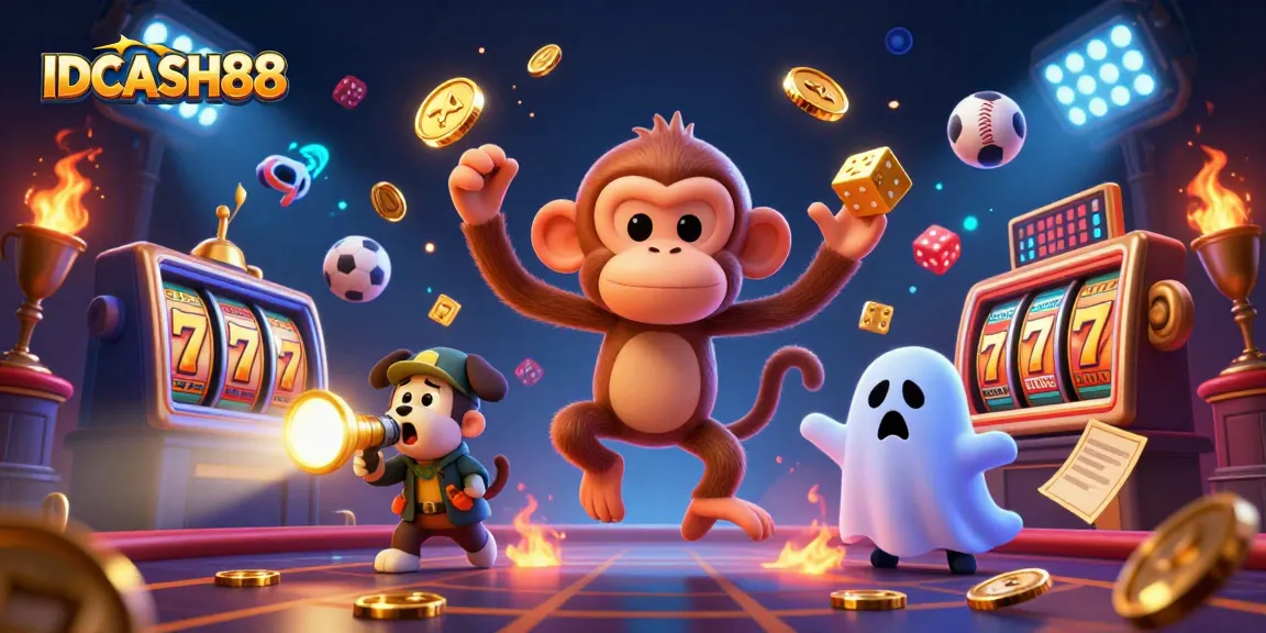 Experience the thrill of IDCASH88 with an energetic scene of a playful monkey and ghost-hunter puppy in a vibrant casino.