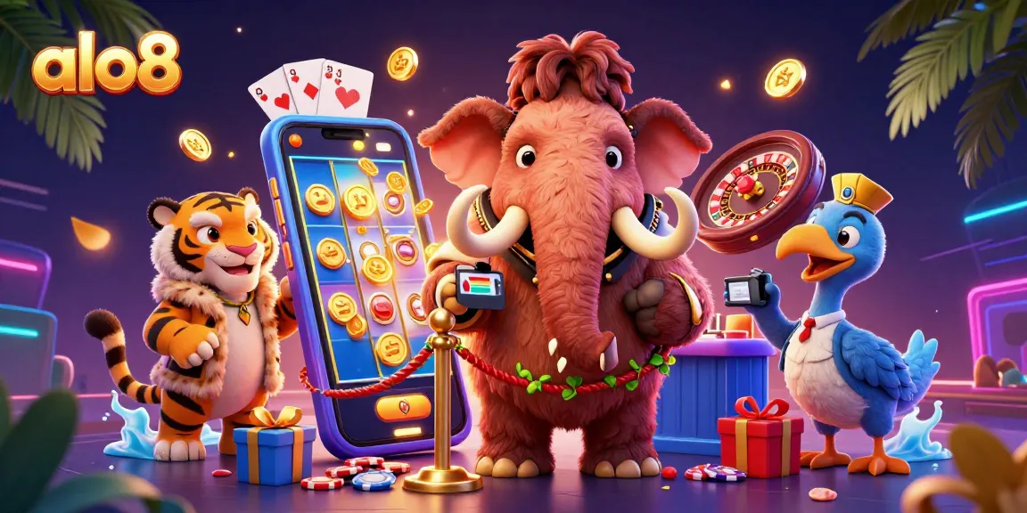 Experience the excitement of alo8 with a vibrant scene featuring a woolly mammoth bouncer in a casino setting.