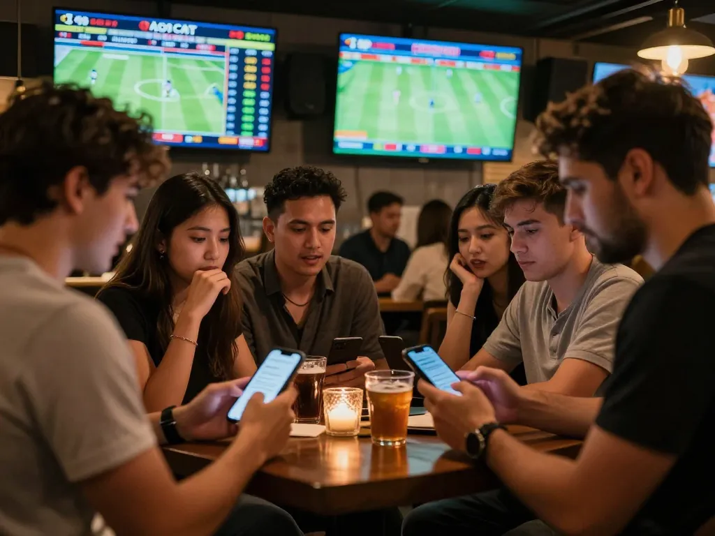 Betting enthusiasts celebrating kèo nhà cái odds on mobile devices in a lively bar setting