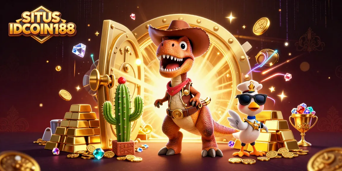 Engaging scene featuring the SITUS IDCOIN188 characters celebrating big wins with gold, gems, and casino elements.