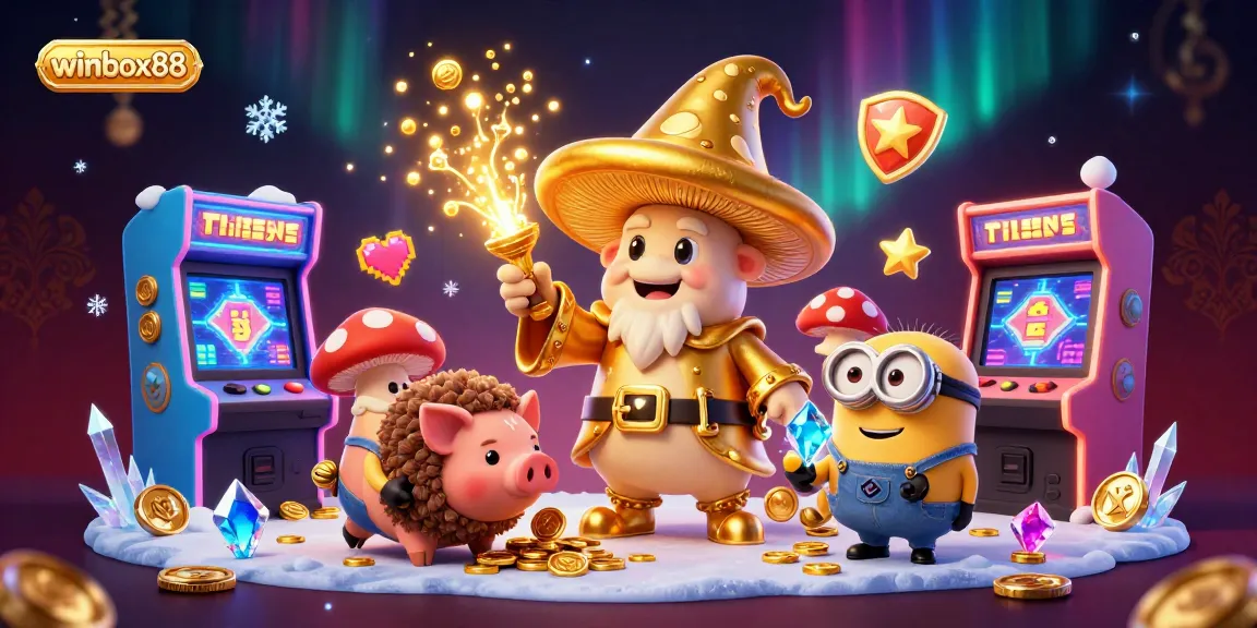 Experience thrilling adventures at winbox88 with a whimsical cartoon wizard and enchanting treasures.