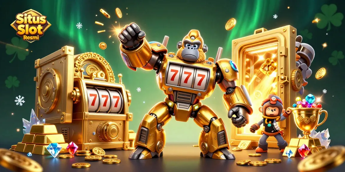 Slot meriah di Situs Slot Resmi dengan gorila emas dan harta perhiasan berkilau.