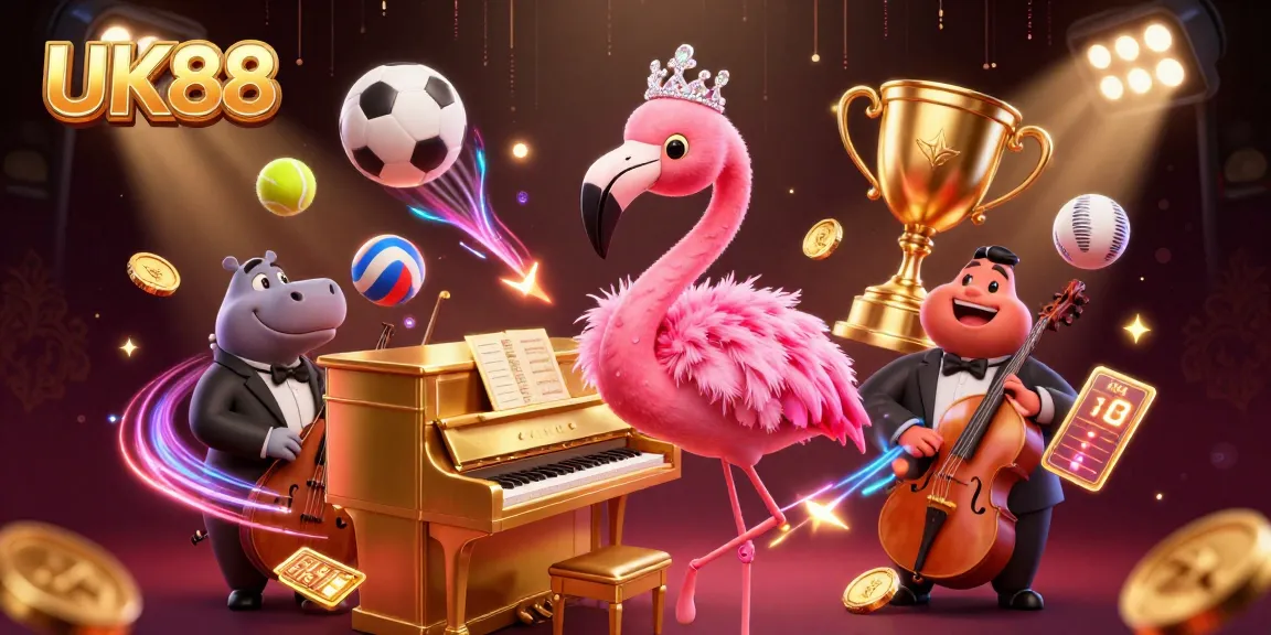 Experience UK88's lively casino atmosphere with animated flamingo and hippo musicians.