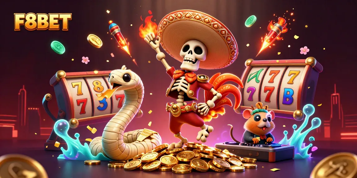 Join the excitement with F8BET's vibrant casino scene, featuring colorful slot reels, fireworks, and dancing characters.