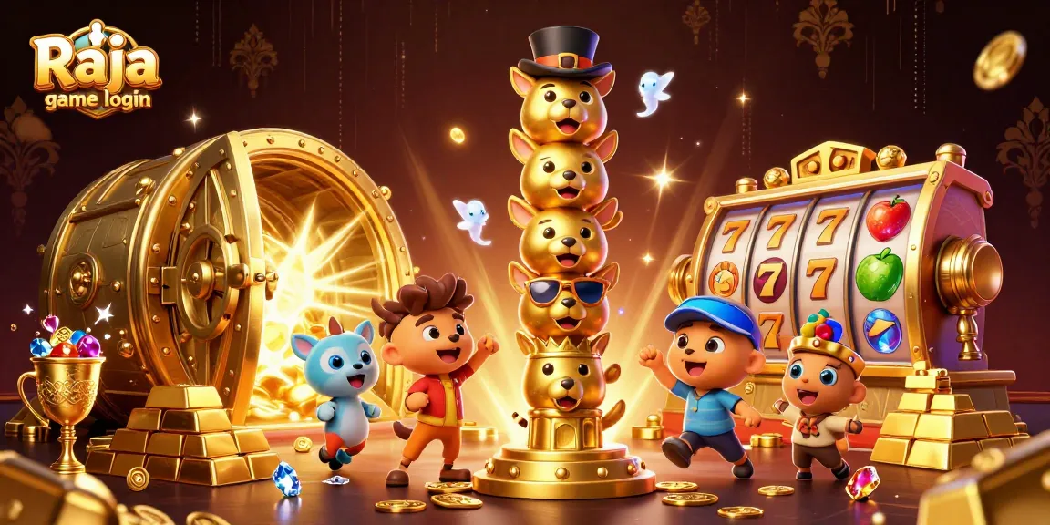 Engage with the vibrant Raja game login scene featuring dynamic casino elements, golden treasures, and energetic characters.