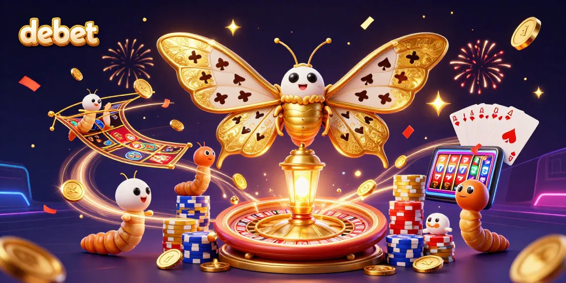Experience debet excitement with a 3D casino scene featuring a majestic moth and vibrant game elements.
