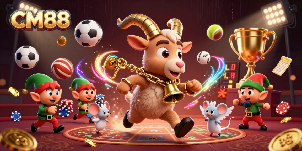 Bet on CM88 with lively cartoon characters in a festive casino, featuring engaging gaming elements.