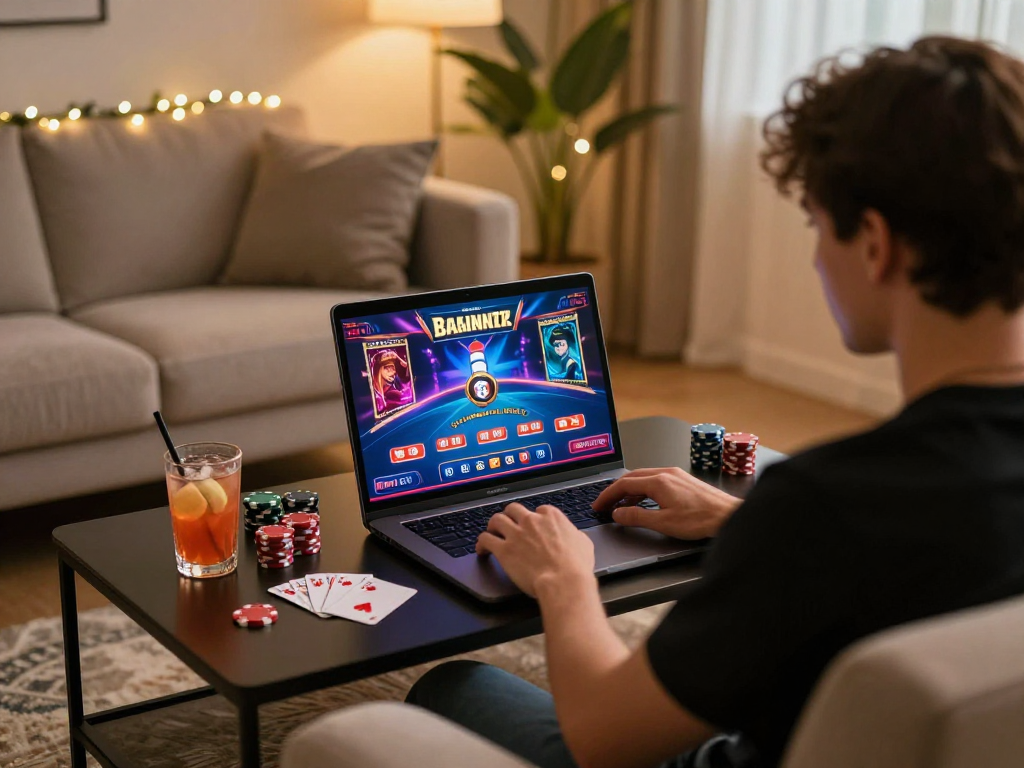 Giocatore nel migliore casino non AAMS, interazione con giochi online e atmosfera accogliente.