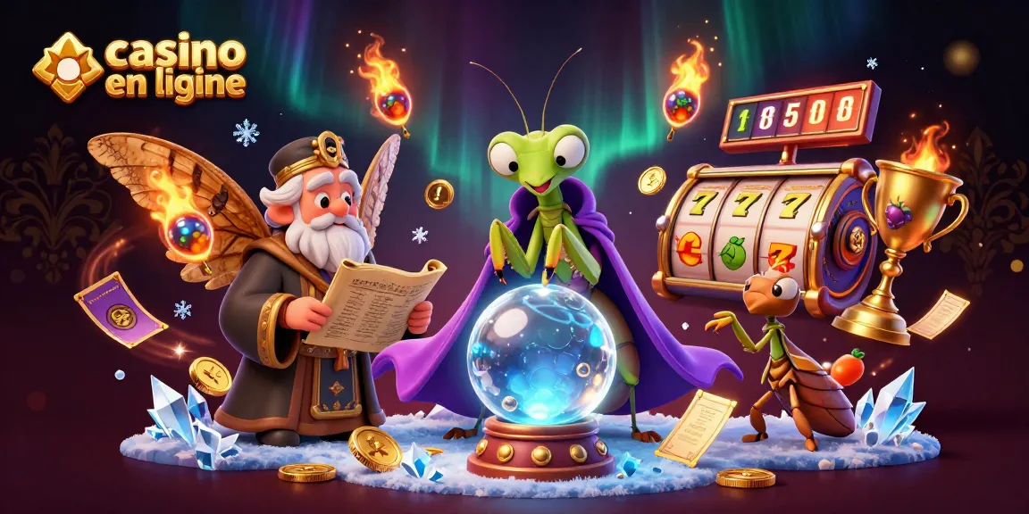 Plongez dans le monde du casino en ligne avec cette illustration captivante de jeux et personnages mystiques.