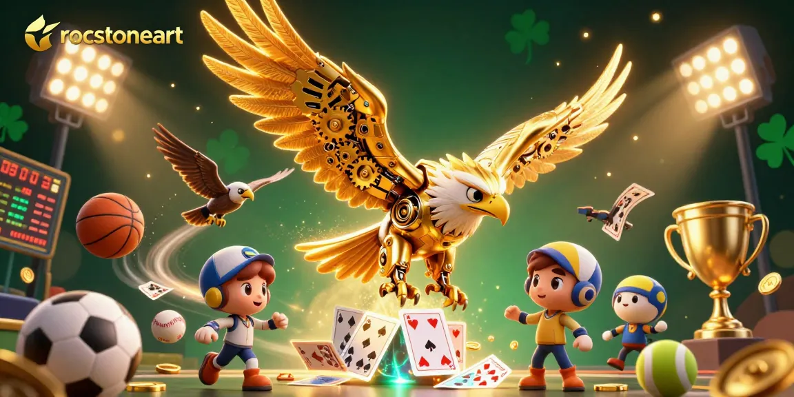 Experience thrilling action with rocstoneart's vibrant 3D casino illustration showcasing cybernetic eagle amidst dynamic betting elements.