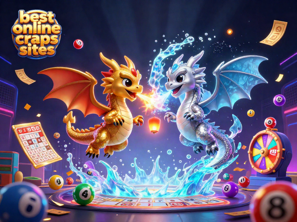 Engage with the best online craps sites through this vibrant 3D scene featuring playful dragons and dynamic casino elements.