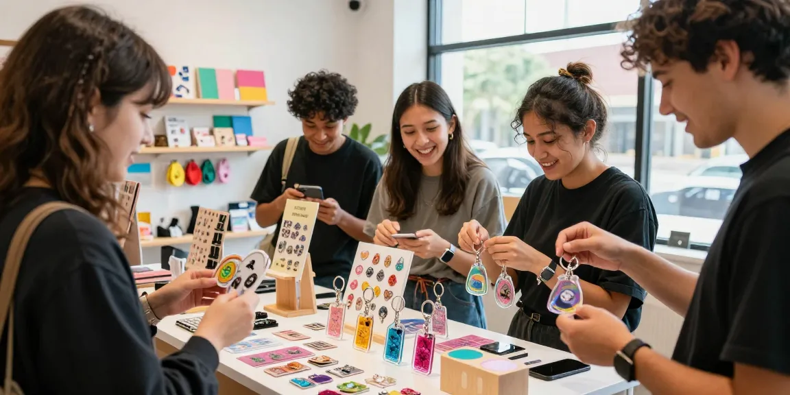 Custom keychains displayed vibrantly in an engaging shopping scene with diverse young adults, showcasing creativity and personalisation.