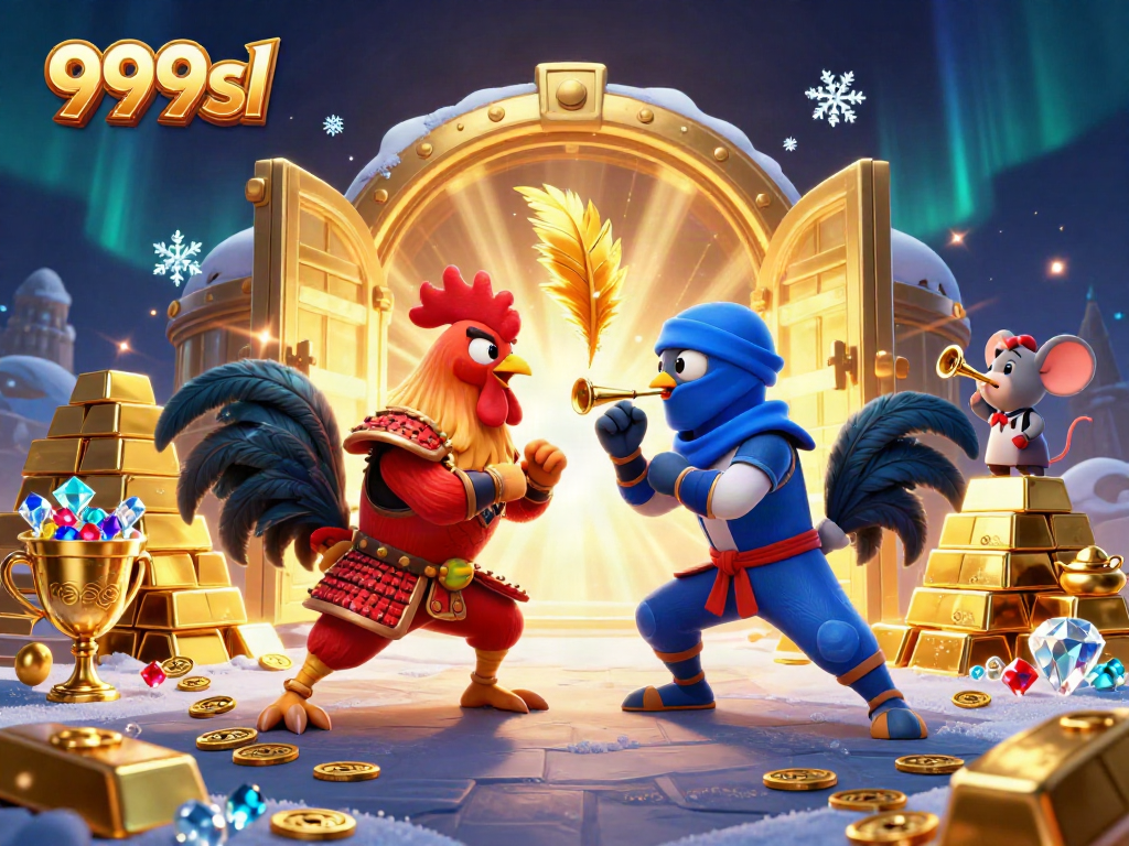 Challenging match between two fighting roosters, 999sl themed illustration with dazzling casino elements.