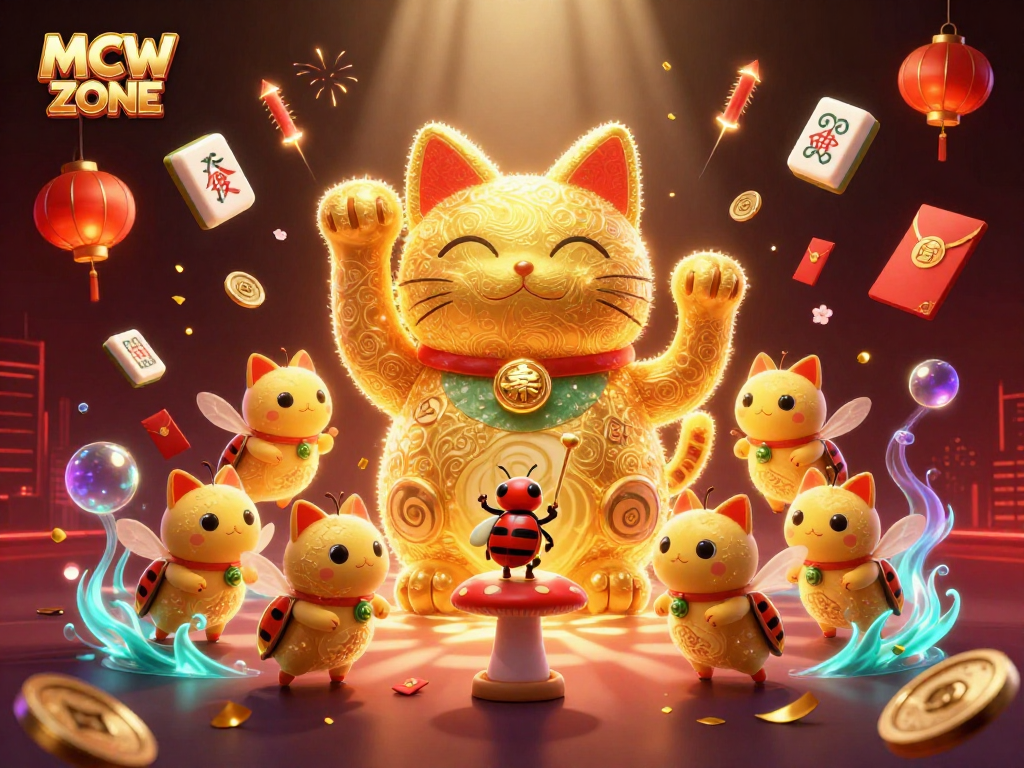 Engage with MCW ZONE's vibrant 3D casino realm featuring a lucky cat and fireflies.