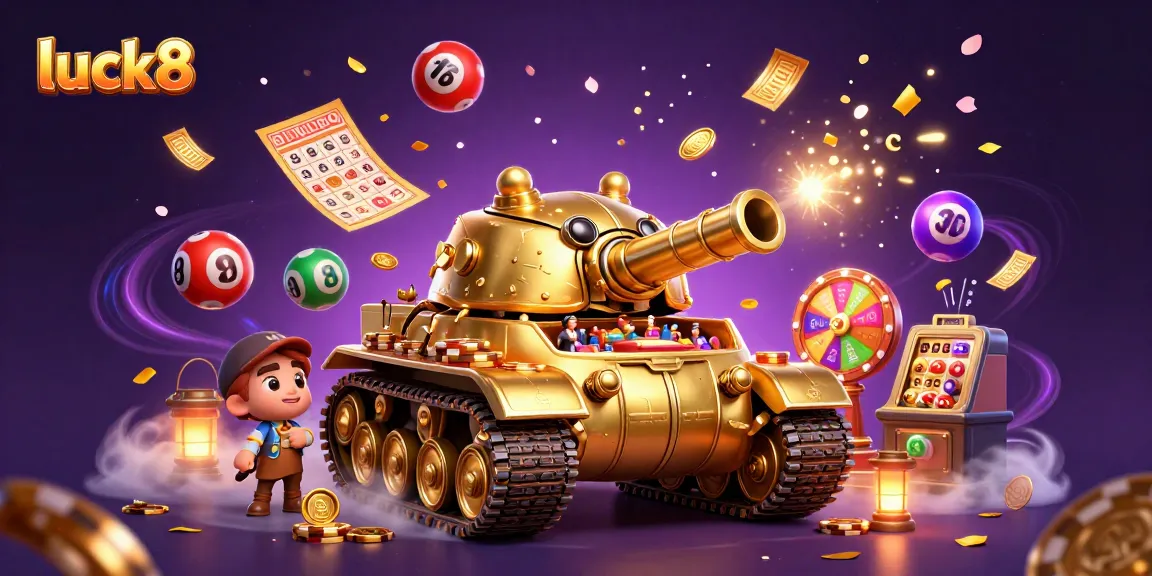 Luck8 showcases a dynamic casino scene with vibrant lottery balls and a golden beetle tank ready for action.