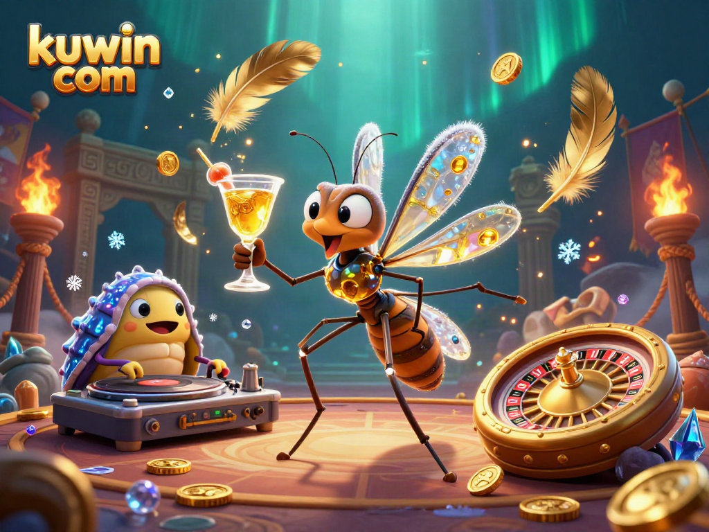 Engage with kuwin com's vibrant casino scene featuring a mosquito mascot, trilobite DJ, and golden roulette wheel.