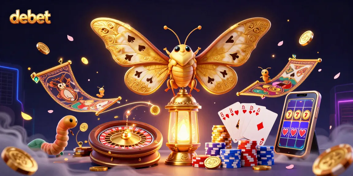 Win big at debet casino with vibrant 3D illustration of playful moth and casino elements