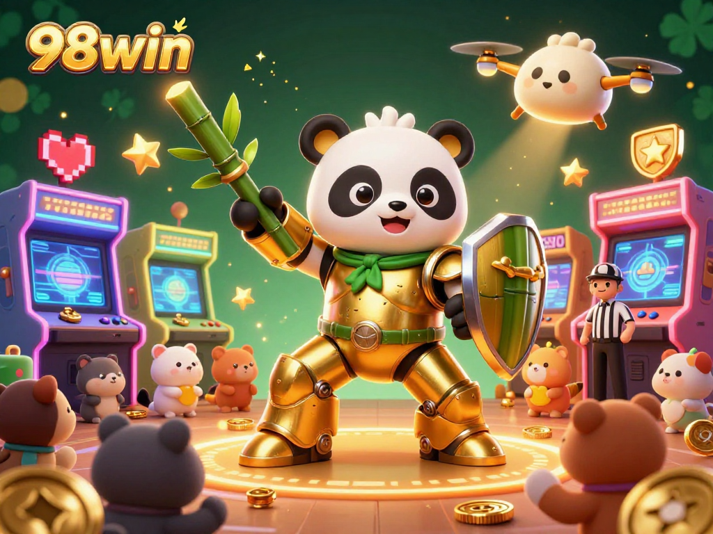 Experience thrilling action at 98win with a vibrant 3D scene showcasing a golden panda battling in a dynamic casino environment.