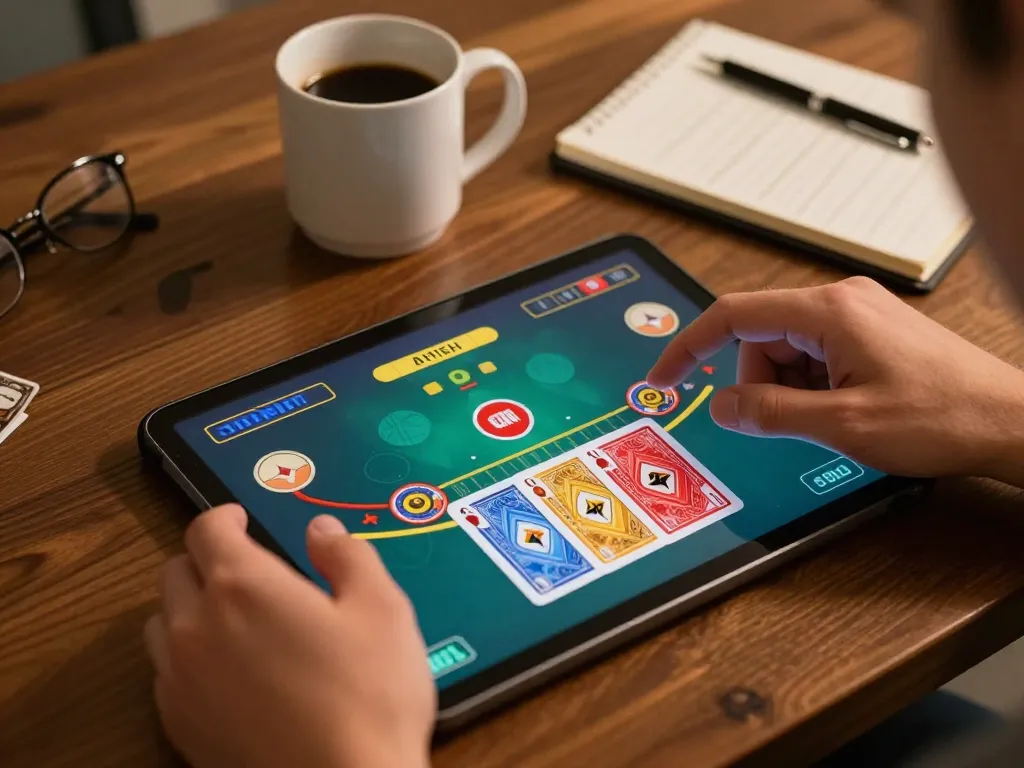 Sunwingo player engaged in an online blackjack game on a tablet, surrounded by strategy notes and a cozy atmosphere.