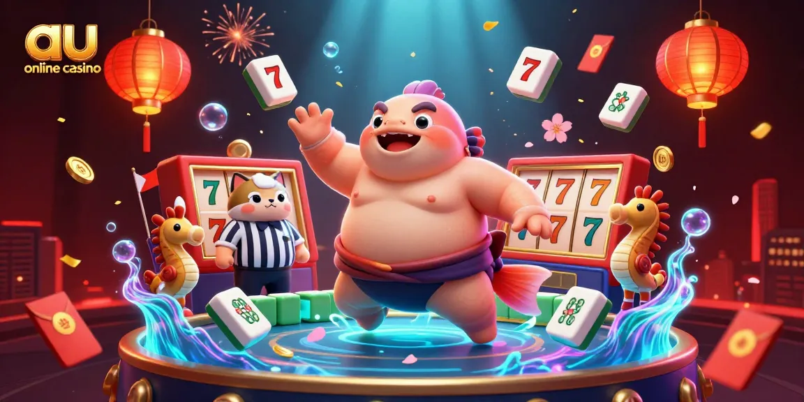 Experience the excitement of an au online casino with vibrant characters and game elements in a 3D illustration.