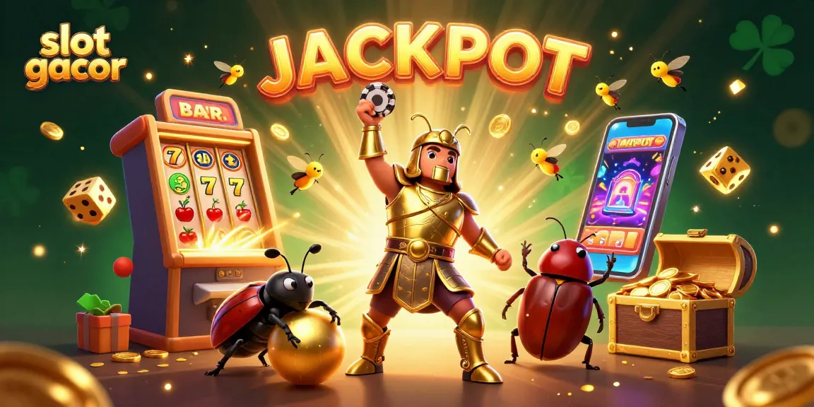 Experience big wins with slot gacor as a hercules beetle conquers the casino in this vibrant scene.