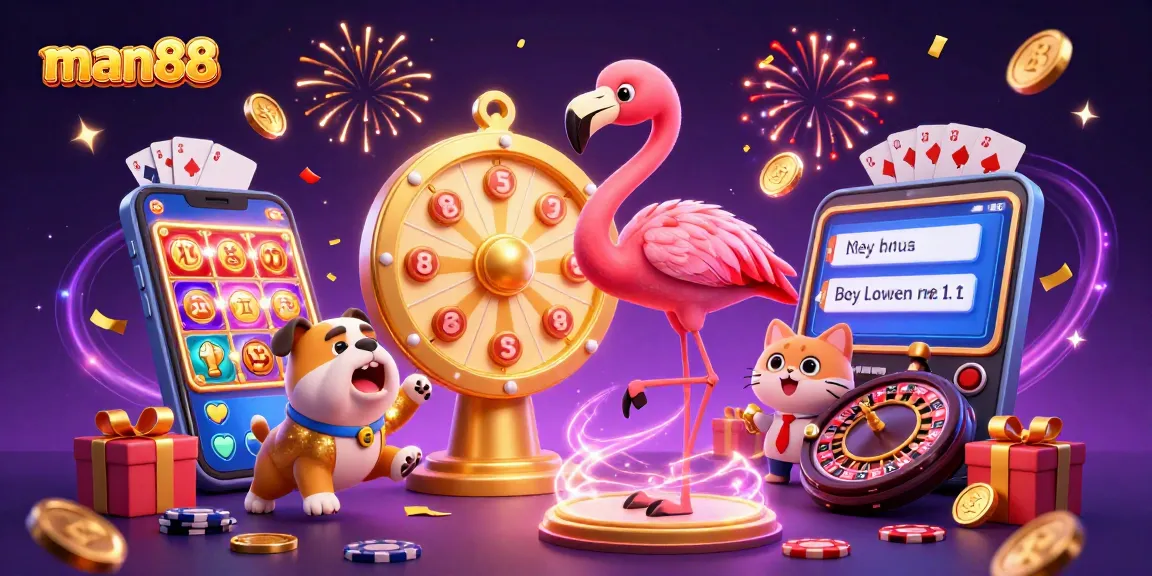 Watch man88's exciting gaming journey with a flamingo host, coins, and dynamic slot reels!