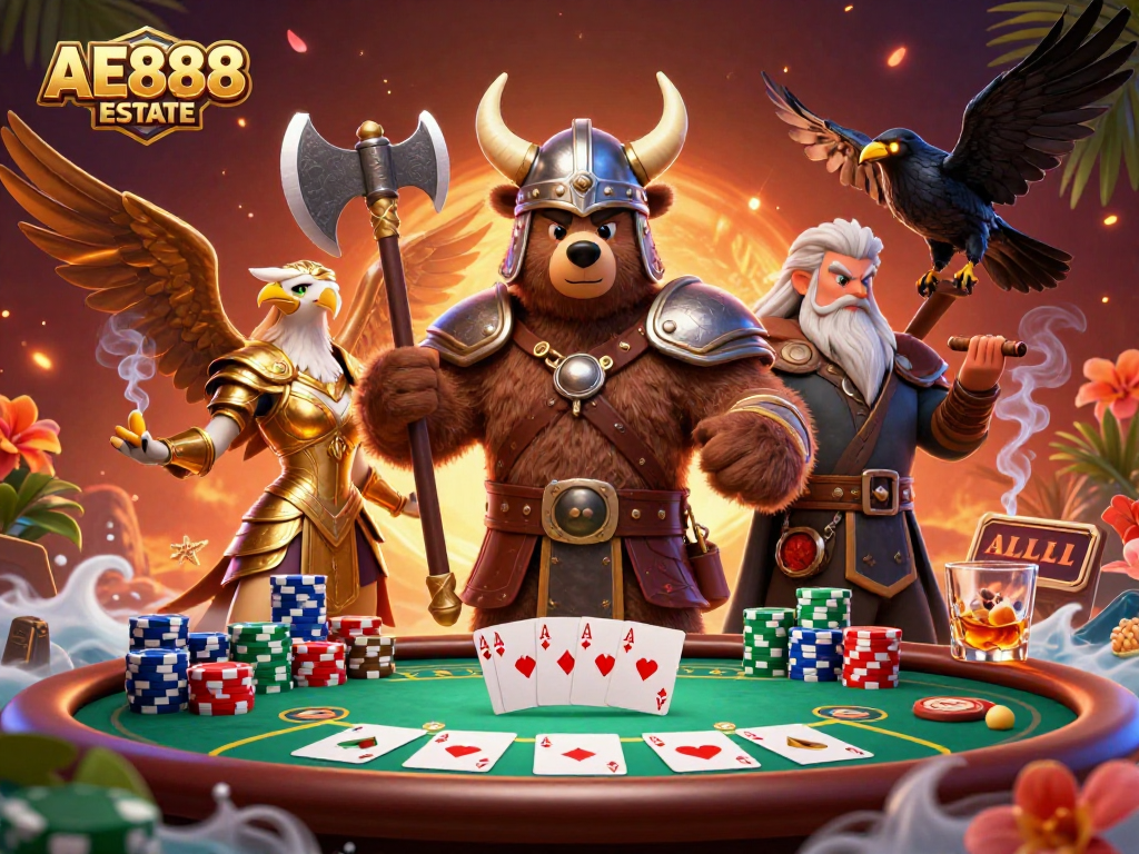 Experience the excitement of AE888 ESTATE with poker action featuring dynamic characters and vibrant elements.