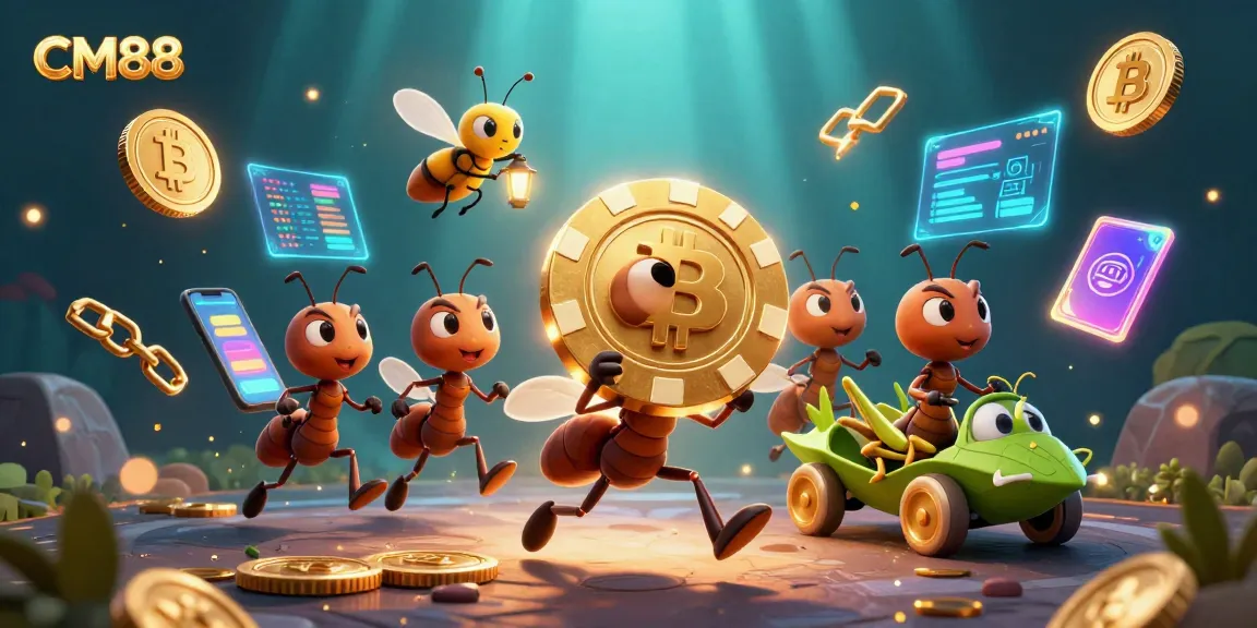 CM88 showcases a team of ants stealing a giant poker chip with vibrant casino elements.