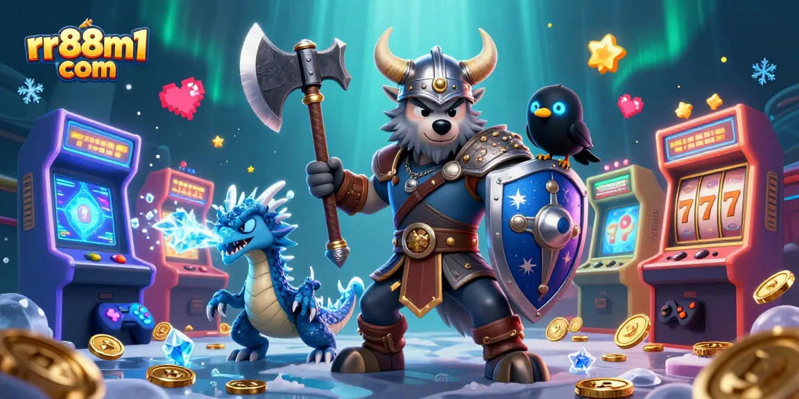 Experience thrilling games with rr88m1 com, featuring a dynamic wolf warrior and dragon amidst colorful casino elements.