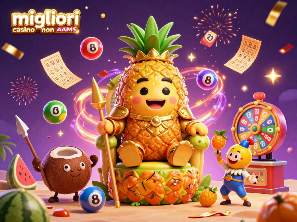 Vinci con i migliori casino non AAMS e il re ananas in un'illustrazione vivace e festosa.