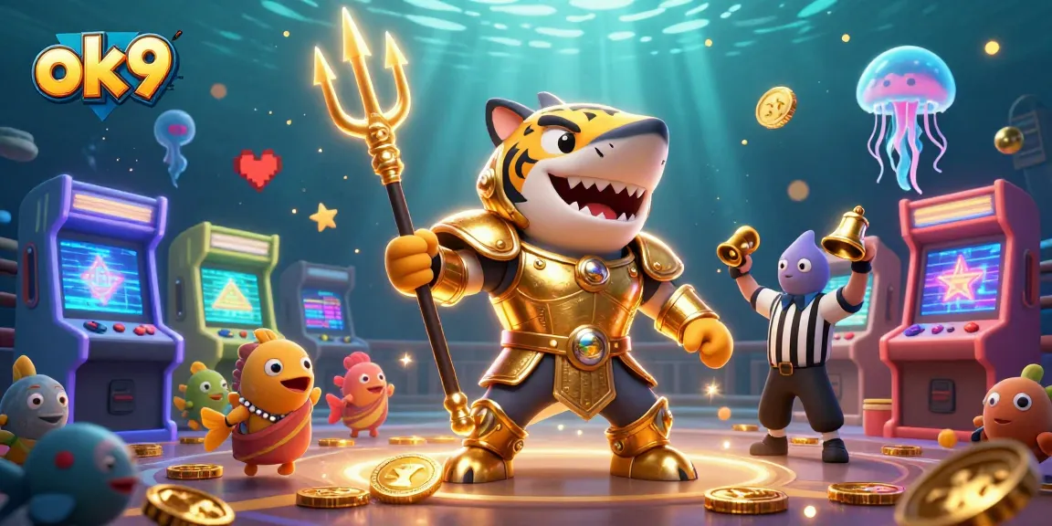 Engage in thrilling casino games with ok9 at an underwater colosseum, featuring vibrant arcade elements.