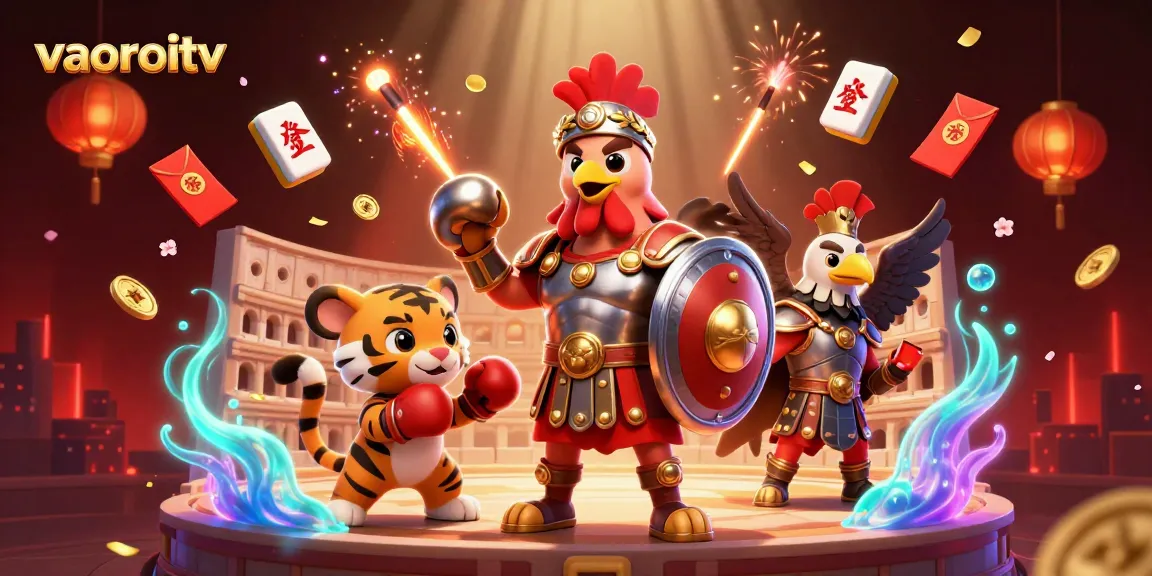 Experience thrilling matches on vaoroitv with a vibrant 3D scene of a gladiator rooster and tiger cub.