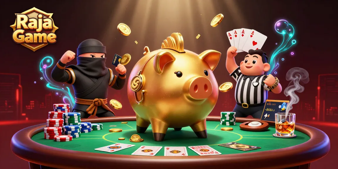 Raja Game excitement in a dynamic 3D illustration featuring a sumo wrestler and ninja characters at a poker table.