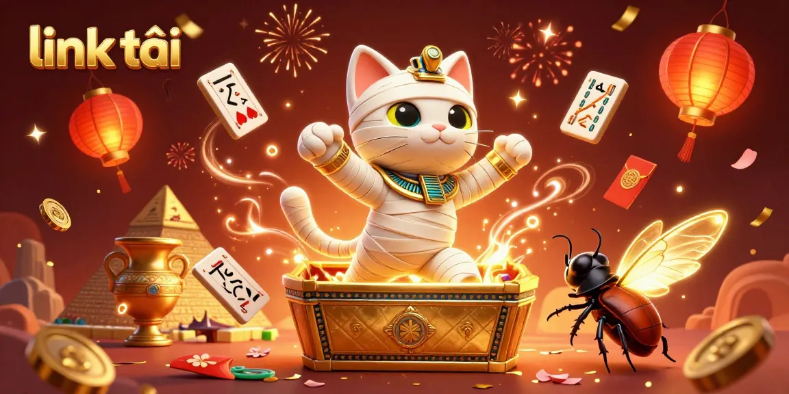 Engage with the link tải scene showcasing a vibrant casino atmosphere with a mummy cat and golden elements.