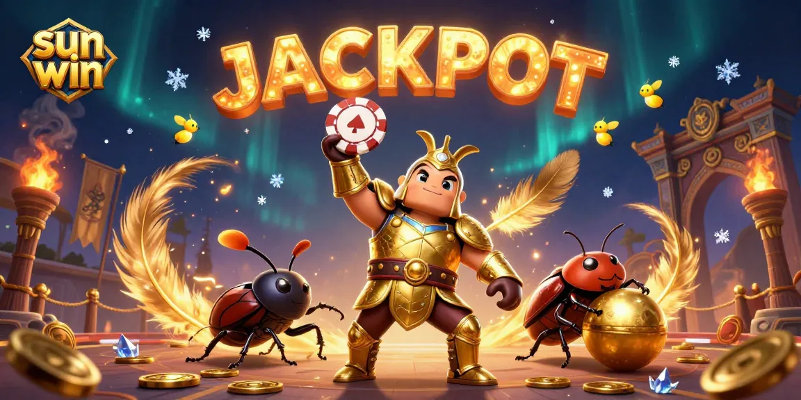 Win big at sun win with a 3D cartoon gladiator beetle lifting a poker chip in victory!