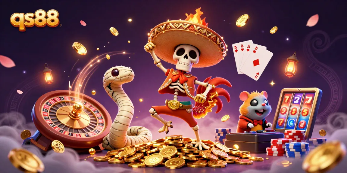 qs88 presents a vibrant scene with a 3D skeleton mariachi rooster celebrating atop golden coins.
